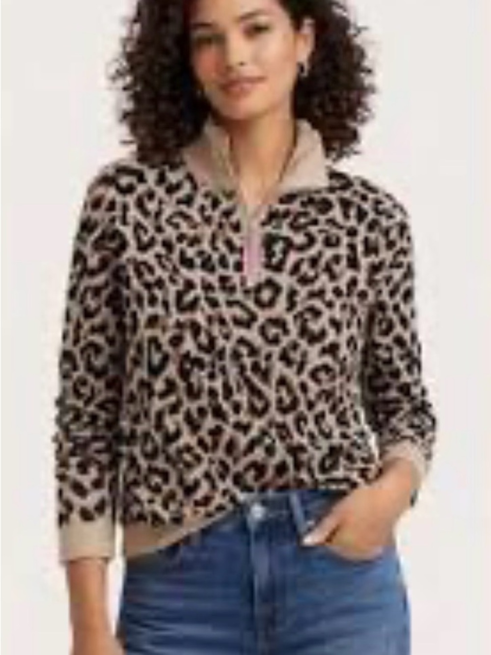 J. Crew 100% Cotton Leopard-Print Quarter-Zip Sweater in Beige and Black